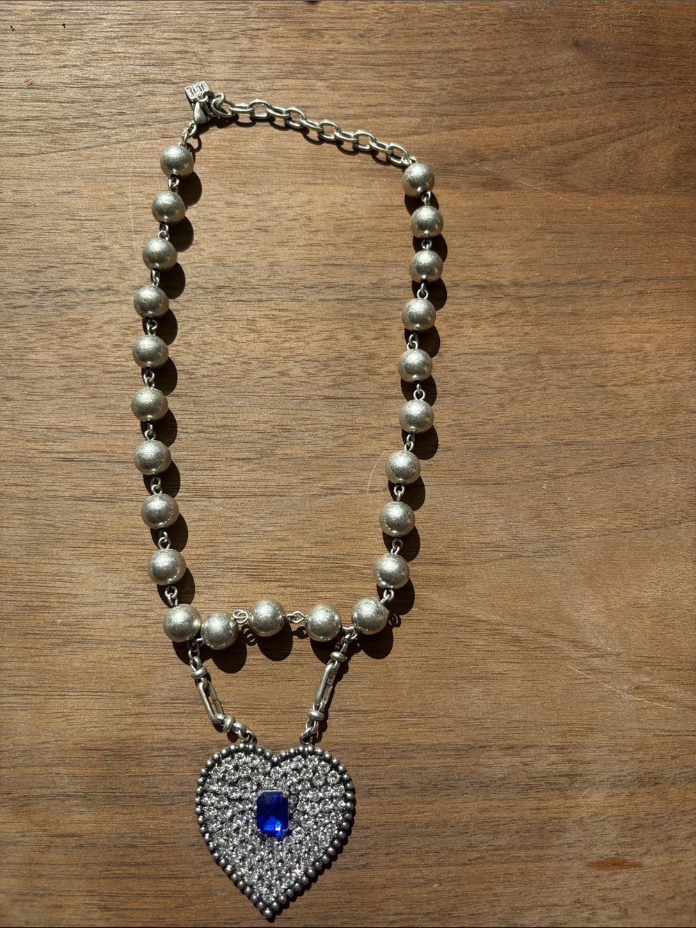 DANNIJO Silver Beaded Necklace with Blue Heart Crystal Pendant